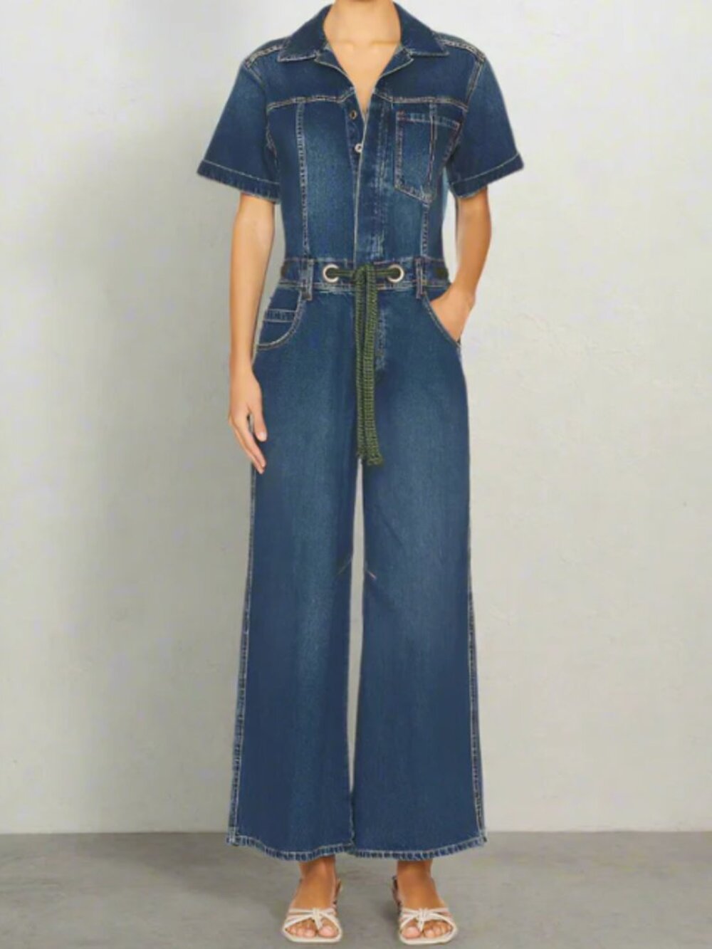 We The Free Edison Denim Jumpsuit Blue Wide Leg Belted Womens Large